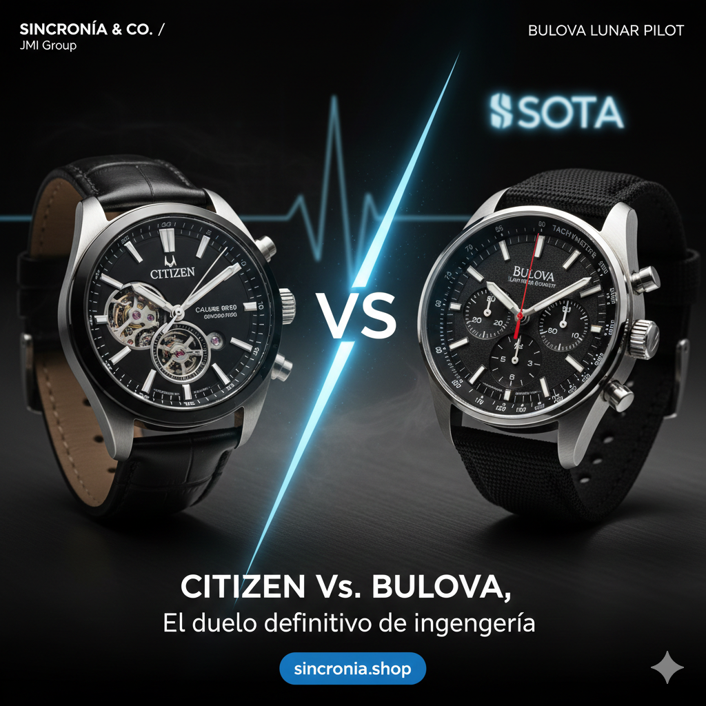 Infografía de duelo de ingeniería: Reloj Citizen Series8 versus Bulova Lunar Pilot con el título en español 'Citizen Vs. Bulova, El duelo definitivo de ingeniería', y el respaldo de marca de Sincronía & Co. y JMI Group.
