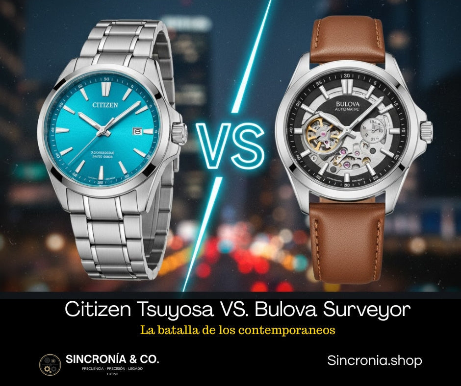 "Comparativa de relojes contemporáneos: Citizen Tsuyosa de dial vibrante vs. Bulova Surveyor semi-esqueletizado