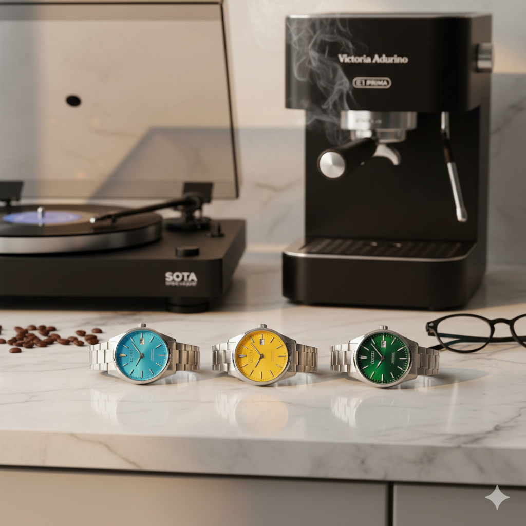 Reloj Citizen Tsuyosa de varios colores a elegir como un brazalete sobre planos técnicos, junto a tornamesa SOTA y cafetera Victoria Arduino, representando la ingeniería de precisión de JMI Group y Sincronía & Co.